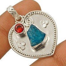Natural Neon Blue Apatite & Garnet 925 Sterling Silver Pendant 