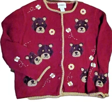 VINTAGE 1980s CHRISTOPHER & BANKS SWEATER HONEY BEARS AND BEES, BEAR, MAROON, L