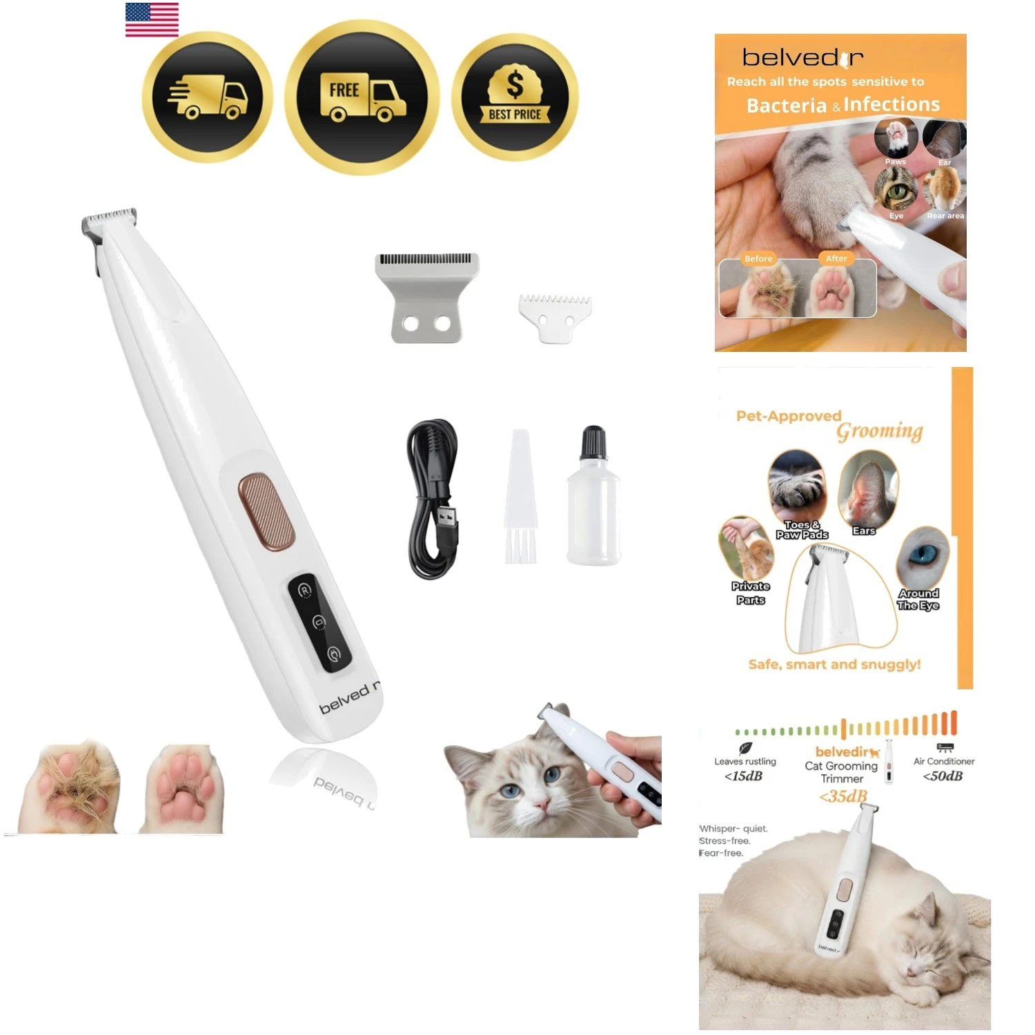 Cat Grooming Trimmer Pet Hair Shaver Waterproof Rechargeable with LED Light