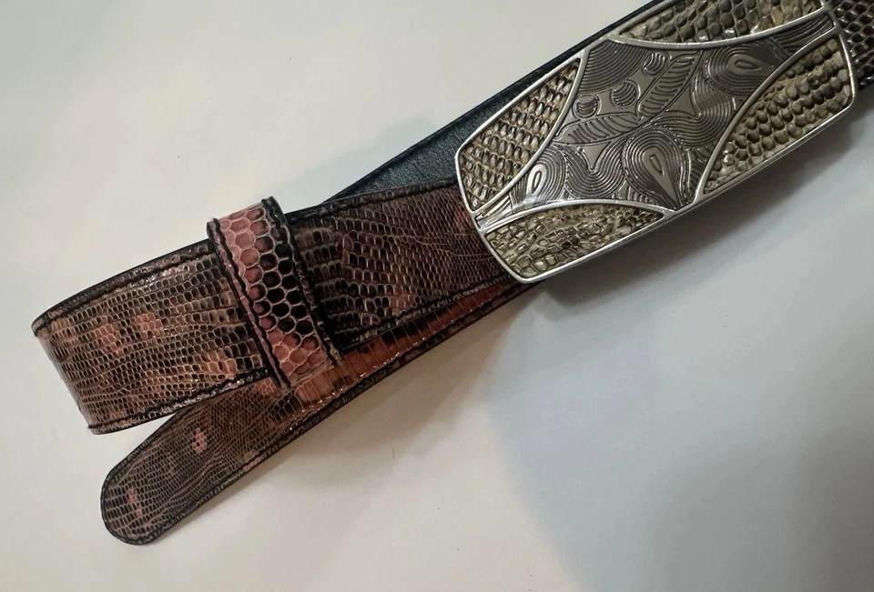 Prada Pink  Peach Python Belt With Green Snakeskin Buckle Western Style - Image 4 of 4