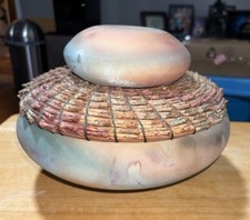 Lidded Clay and Pine Needle Vessel,Wheel Thrown,Handbuilt Bisque Fired,Signed!!!