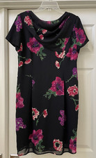 VTG liz claiborne Black Sheer w/ Drape Collar Lined Floral Dress Knee Length 10