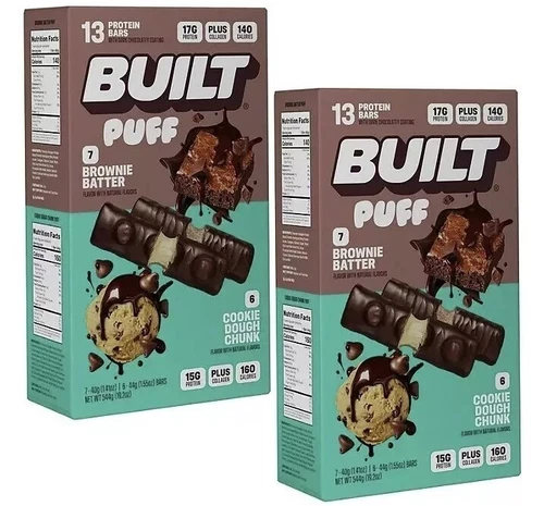 2 Packs BUILT PUFF Protein Bars Cookie Dough Chunk and Brownie Batter, 13 Bars