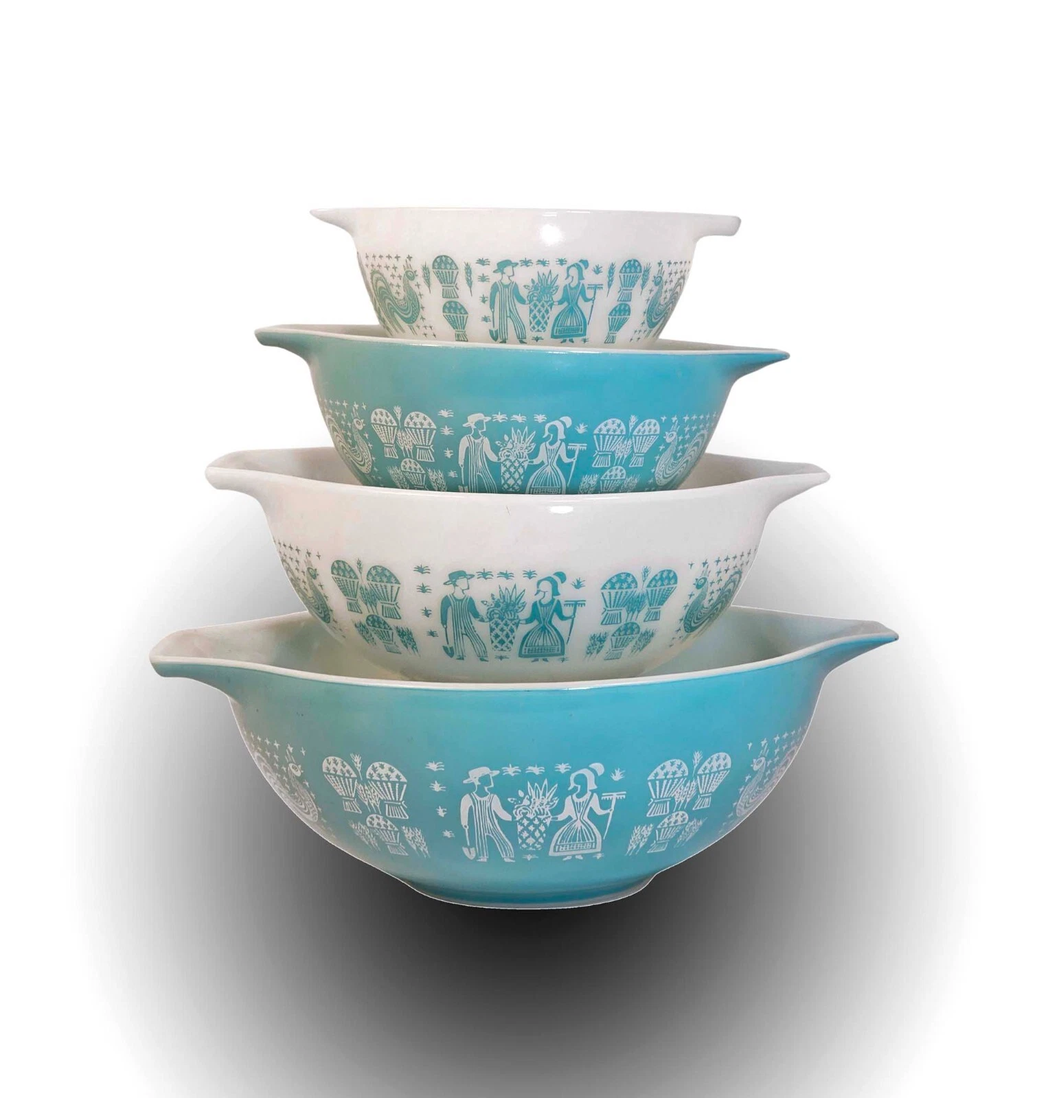 Set Of 4 Vintage Turquoise Pyrex Amish Butterprint Cinderella Mixing Bowl
