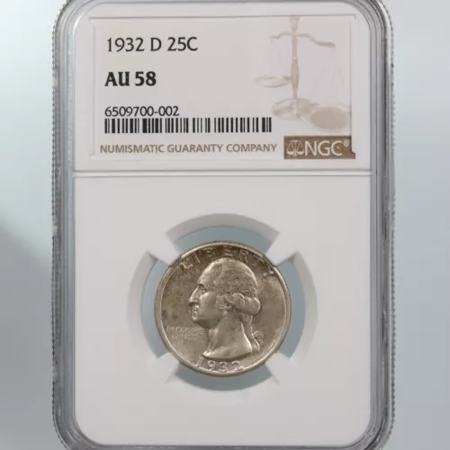 1932-D Washington 25C NGC Certified AU58 AU Graded Denver Mint Silver Quarter