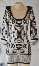 T/O SWEATERS Black Tan Gray Patterned Sweater Dress Small 3/4 Sleeves Acrylic