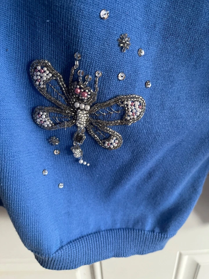 Cárdigan Bob Mackie Usable Azul Suéter Cuentas Libélulas Brillante Apenas Usado LG Foto 4 de 4