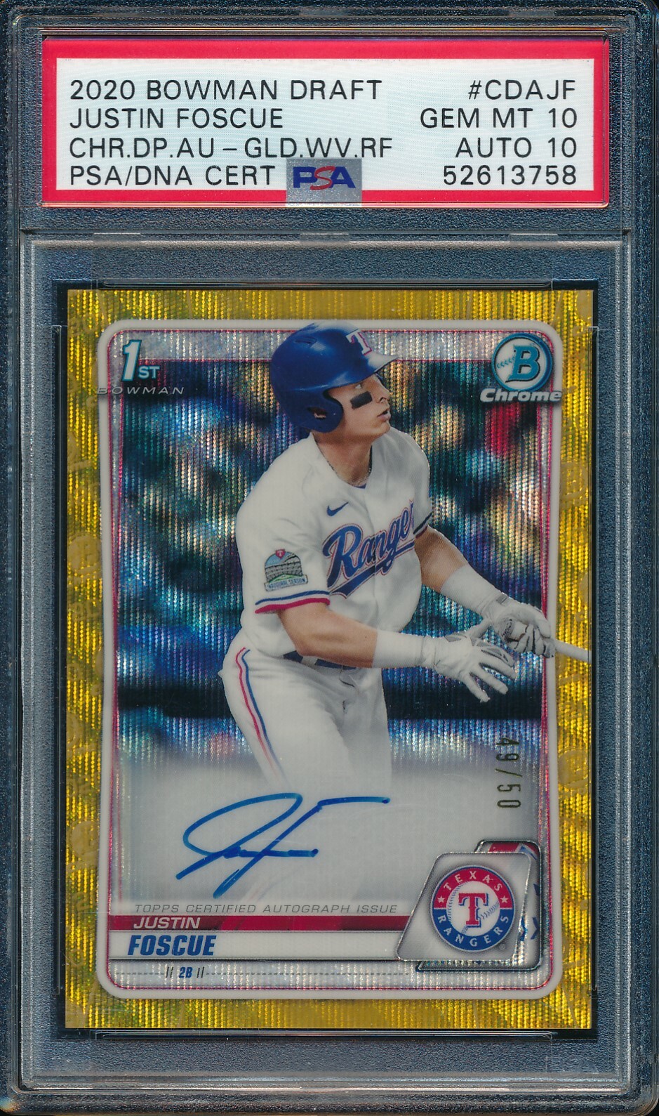 PSA 10/10 JUSTIN FOSCUE AUTO 2020 Bowman Chrome GOLD WAVE REFRACTOR /50 GEM MINT