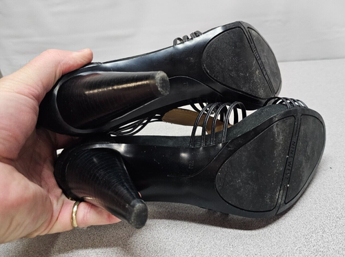 Nine West Womens Size 7 Black Leather Pumps 3.5" Cone Heels Open Toe - Picture 7 of 7