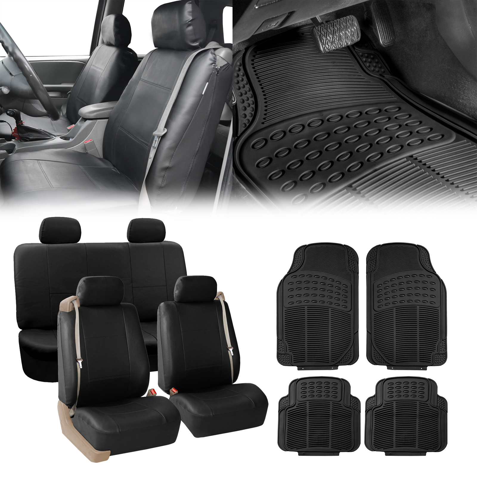 Truck Seat Cover for Integrated Seatbelt Black w/ Black Floor Mats