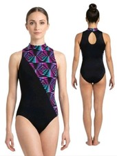 Gilda Marx VTG High Neck Keyhole Geometric Tank Leotard AXS Adult XS Y/J Black