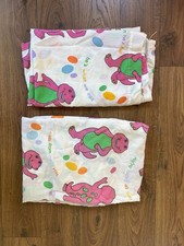Vintage 1992 Barney The Dinosaur Bedding 2 Flat Twin Sheets Spellout All Over