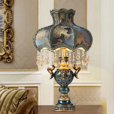 Blue Fabric Table Lamp, Antique Flower Decorative Bedside Desk Lamp, Bedside ...