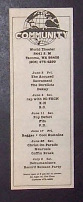 The Accused, Sacrament, Derelicts Community World Theater Tacoma 1988 Concert Ad
