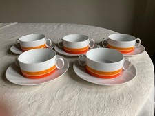 Vintage Thomas Carousel  5 Porcelain Orange Stripe Soup Bowls with saucers 1969