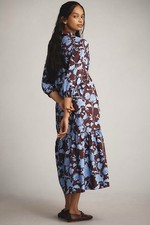 Anthropologie Maeve Bettina Midi Dress S Brown Blue Floral Tiered Puff Sleeve