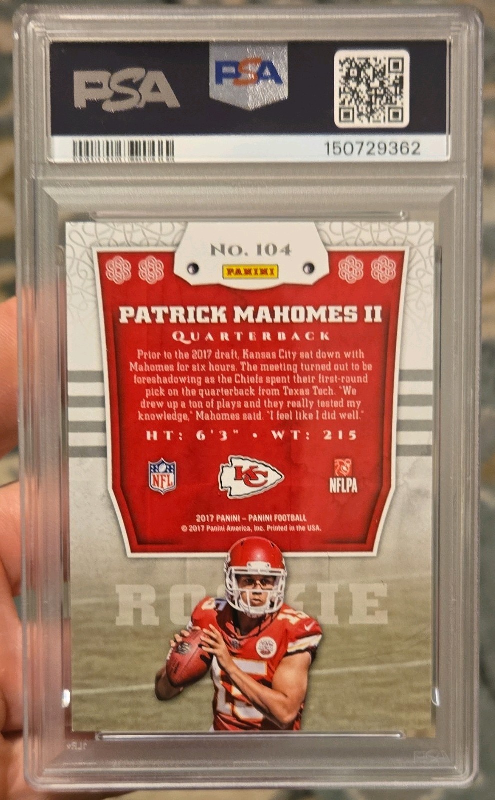2017 Panini Rookies Patrick Mahomes II #104 Rookie RC Chiefs PSA 9 view 2