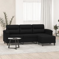 Sofa 3-Sitzer Mit Hocker Schwarz Mikrofaser 180 Cm