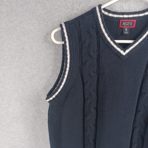 The Childrens Place Classic Cable Knit Vest XL 14 Blue Preppy Pullover V-Neck - Picture 5 of 18