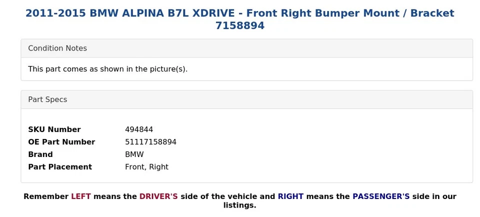 BMW ALPINA B7L XDRIVE 2011-2015 - Soporte/montaje de parachoques delantero derecho 7158894 Foto 4 de 4