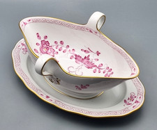 Meissen Porzellan Sauciere auf Unterteller, Indisch Purpur Gold, Schwerter Marke