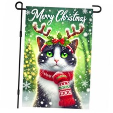 Christmas Cat Garden Flag 12x18 Inch Double Sided Reindeer Antlers Cute kitten