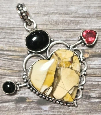 Brekzien Mookait/SchwarzerOnyx/Granat Ethno Anhänger - 925 Sterlingsilber - Neu - Bild 1 von 3