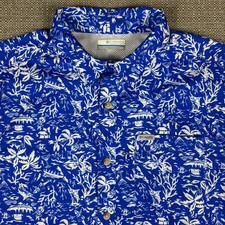 Columbia PFG Mens Hawaiian Fishing Shirt M Short Sleeve Blue White Boat Cocktail