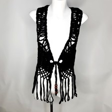 Unbranded Ext Size S Black Crochet Beaded Tie Tasseled Sleeveless Vest