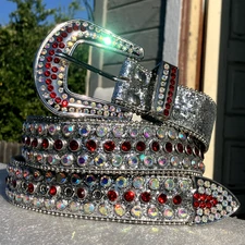 *RARE* Y2K WESTERN JEWELS SILVER RED RHINESTONE PUNK GOTH STUDDED BB BELT *NEW*