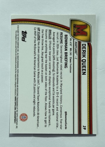 2024-25 Topps Bowman Chrome U - 1° Bowman Derik Queen #19 Maryland Terrapins - Foto 2 di 2