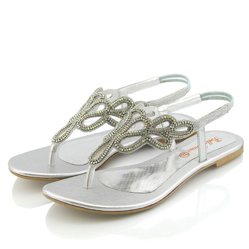 Womens Flat Sandals Diamante Toe Post Ladies Slingback Dress Holiday Shoes 3-9 - Picture 8 of 13