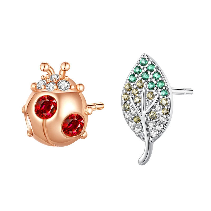 Crystal Bug Leaf Stud Earrings in 925 Sterling Silver Minimalist Design