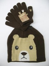 NEW Winter Snow Knit Hat Beanie Cap  Gloves Set Brown Bear Baby Toddler OSFM