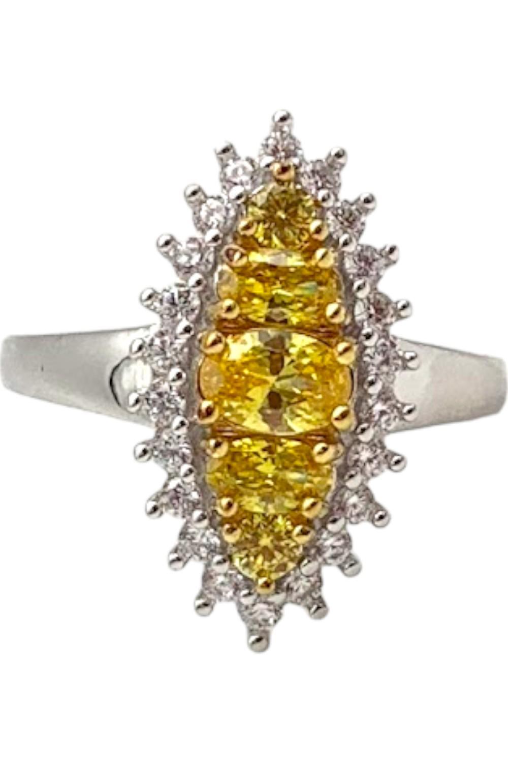 Удлиненное кольцо с канареечным ореолом, имитирующее бриллиант Diamonique, Серебро 925 пробы