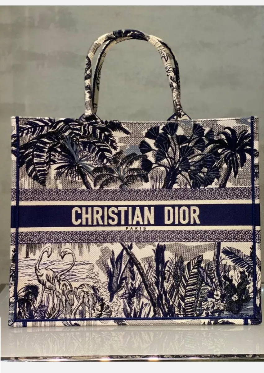 Dior BOOK TOTE PALMS NAVY BLUE & WHITE LIMITED ED LARGE 16x14  AUTHENTICITY CARD