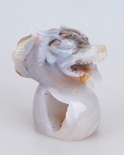 1016g 4.6" Natural Geode Agate Quartz Crystal Hand Carved Wolf Head Carving 0161 - Picture 2 of 8