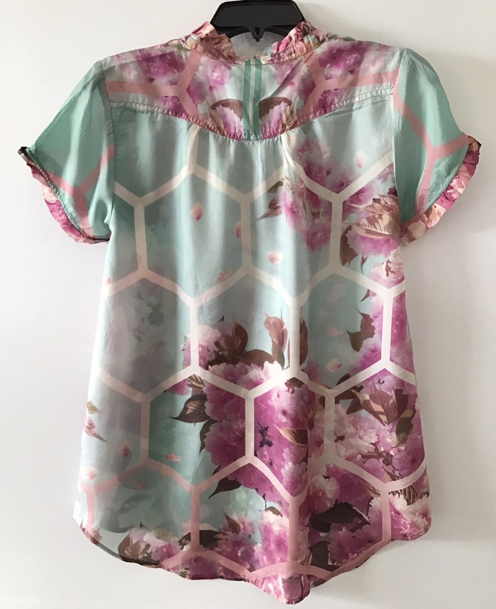 Johnny Was Hunny Nahia Tunic 100% Silk Floral Short Sleeves