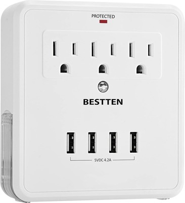 BESTTEN Wall Mount Surge Protector with 4 USB Charging Ports, 3 Electrical Outle
