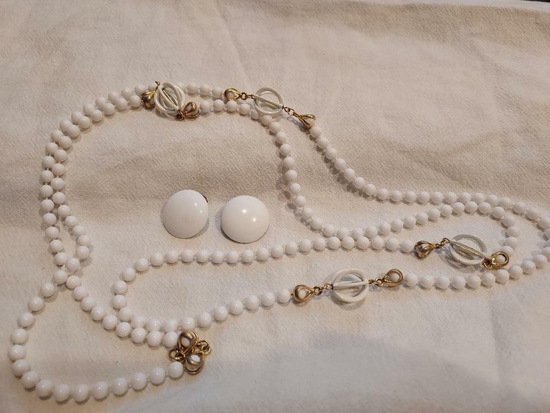 Vintage White Bead Long Necklace and Earring Set