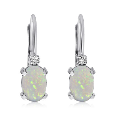 Ohrringe 14 Karat Weißgold ovaler Opal und Diamant Leverback
