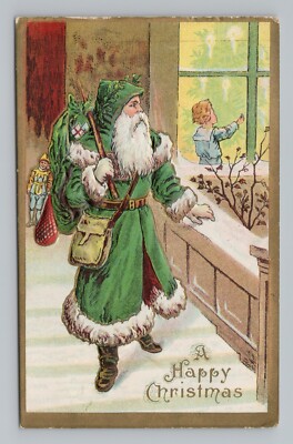 A Happy Christmas Green Santa Bago Of Toys Boy Window Snow Postcard MOB