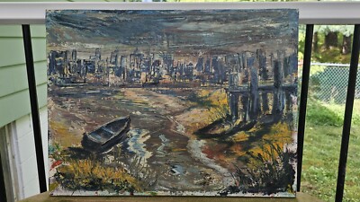 Vintage Painting signed Billings on Canvas 15'' x 20'' Boat w/ city background