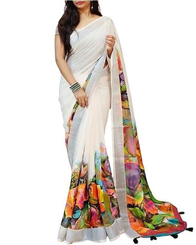 Women’s Pure Soft Cotton Saree Linen Silk Sarees - Picture 6 of 6
