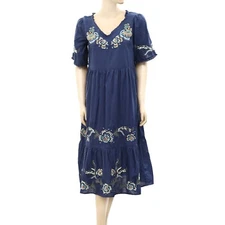 Odd Molly Anthropologie Floral Embroidered Navy Midi Dress Cotton XS-0 233250
