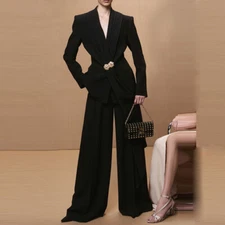 Womens 2pcs Sets Pleated Collar Suit Jacket Coat Straight Pants Long Trousers sz