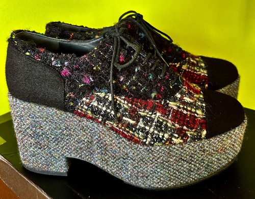 Chanel 15K Lace up Multicolor Black Tweed  Platform Oxford Shoes size 39.5