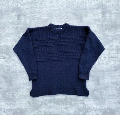 100 % britische Wolle Fischermuster Guernsey Pullover Sweater dunkelblau Herren Large