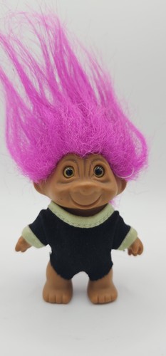 Vintage Troll Doll Pink Hair in black outfit