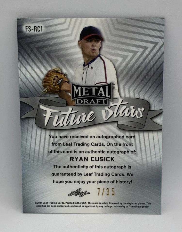 2021 Leaf Metal Draft Baseball Ryan Cusick Braves Future Stars Auto Blue 7/35 - Image 2 of 2